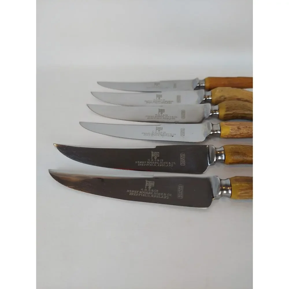 Henry Rogers Sons & Co Stainless Stag Antler Handles Vintage Steak Knife Set